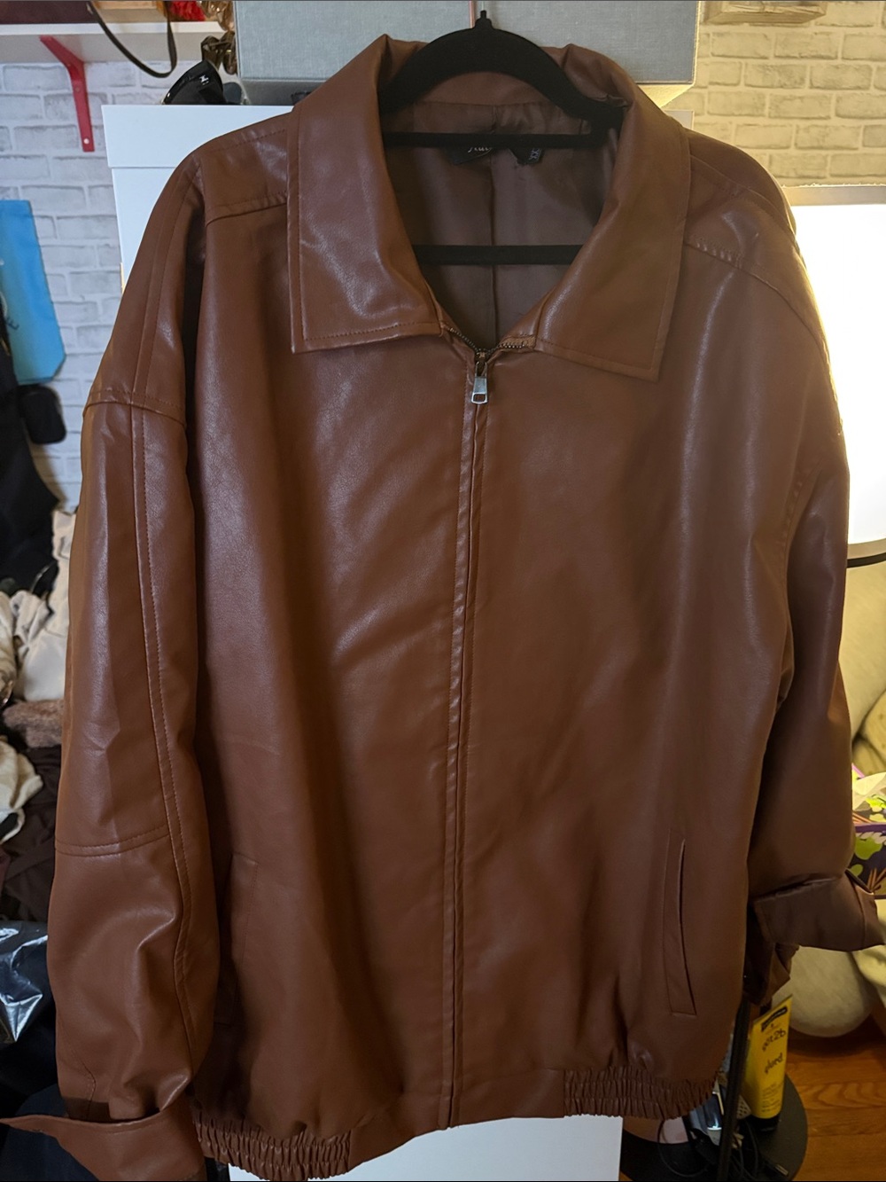 Women's Cognac Brown Faux Leather Zip Jacket